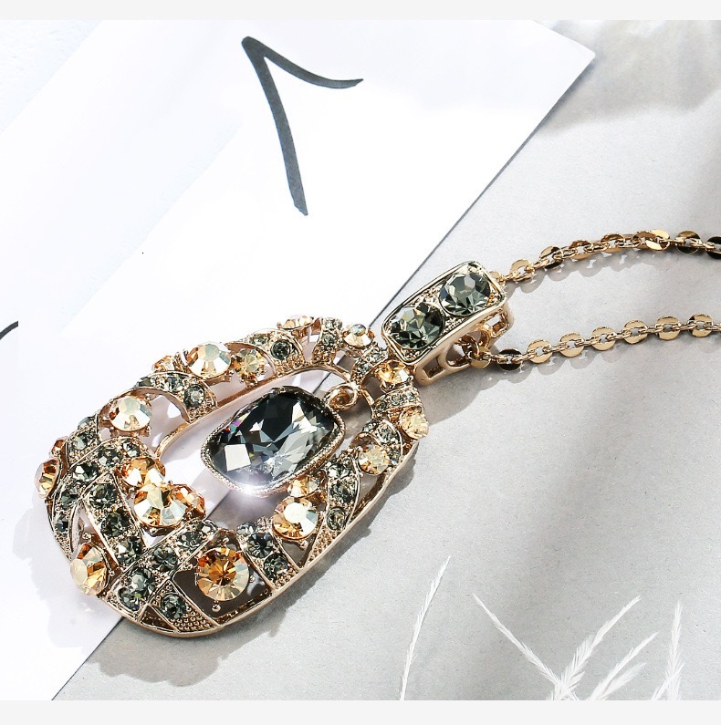 Vintage Hollow Teardrop Moissanite Pendant Necklace Long Sweater Chain Blue Stone Crystal Jewelry For Women Party Gift - view 7