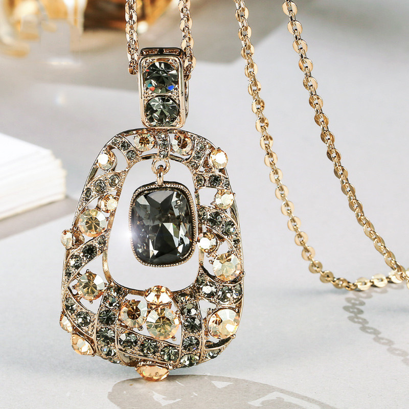 Vintage Hollow Teardrop Moissanite Pendant Necklace Long Sweater Chain Blue Stone Crystal Jewelry For Women Party Gift - view 3