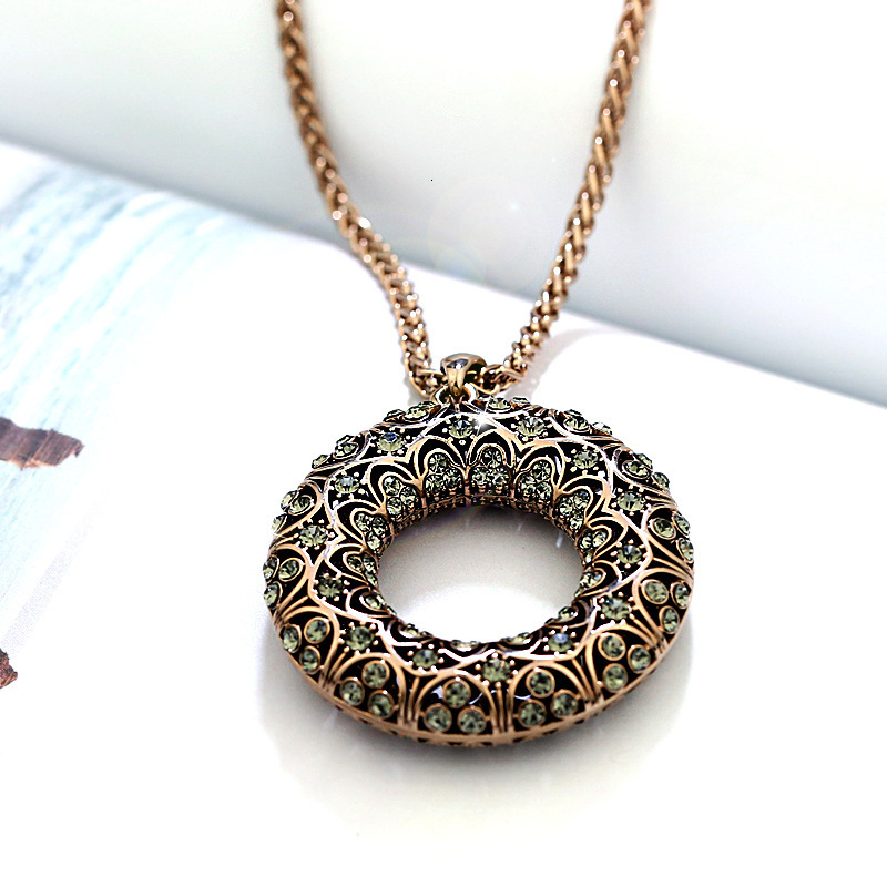 VVS Moissanite Retro Hollow Round Pendant Necklace Vintage Carved Pattern Long Sweater Chain Jewelry For Women Daily Party Wear - view 4