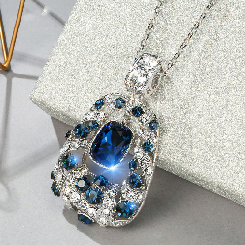 Vintage Hollow Teardrop Moissanite Pendant Necklace Long Sweater Chain Blue Stone Crystal Jewelry For Women Party Gift - view 5
