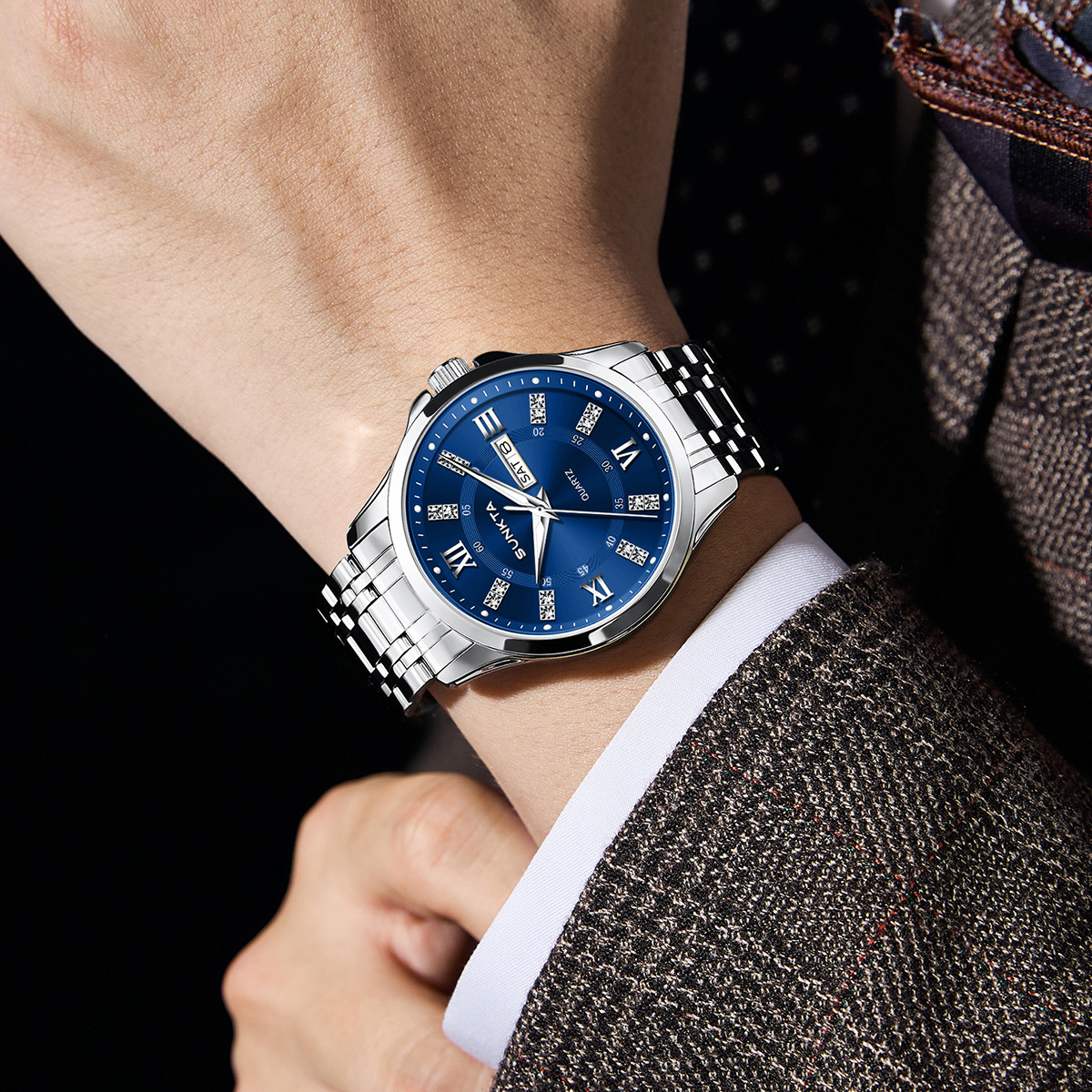 New Fashion Simple Business Quartz Watch For Men, Luminous Waterproof Steel Band Wristwatch - view 3
