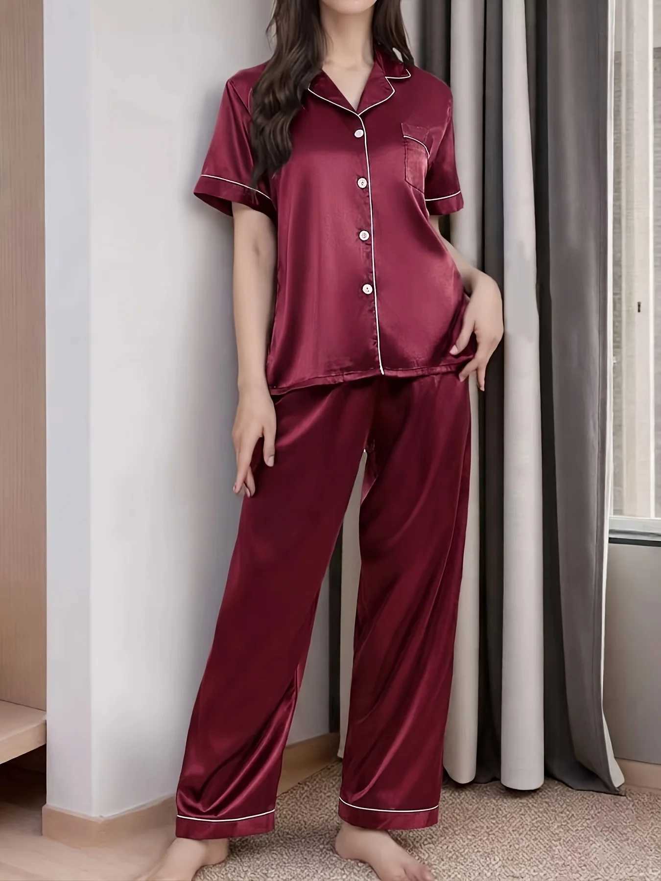 Satin Silk Pajamas Set Short Sleeve Top and Long Pants Women's Comfortable Casual Home Wear Spring Autumn SleepwearT260831 - view 3