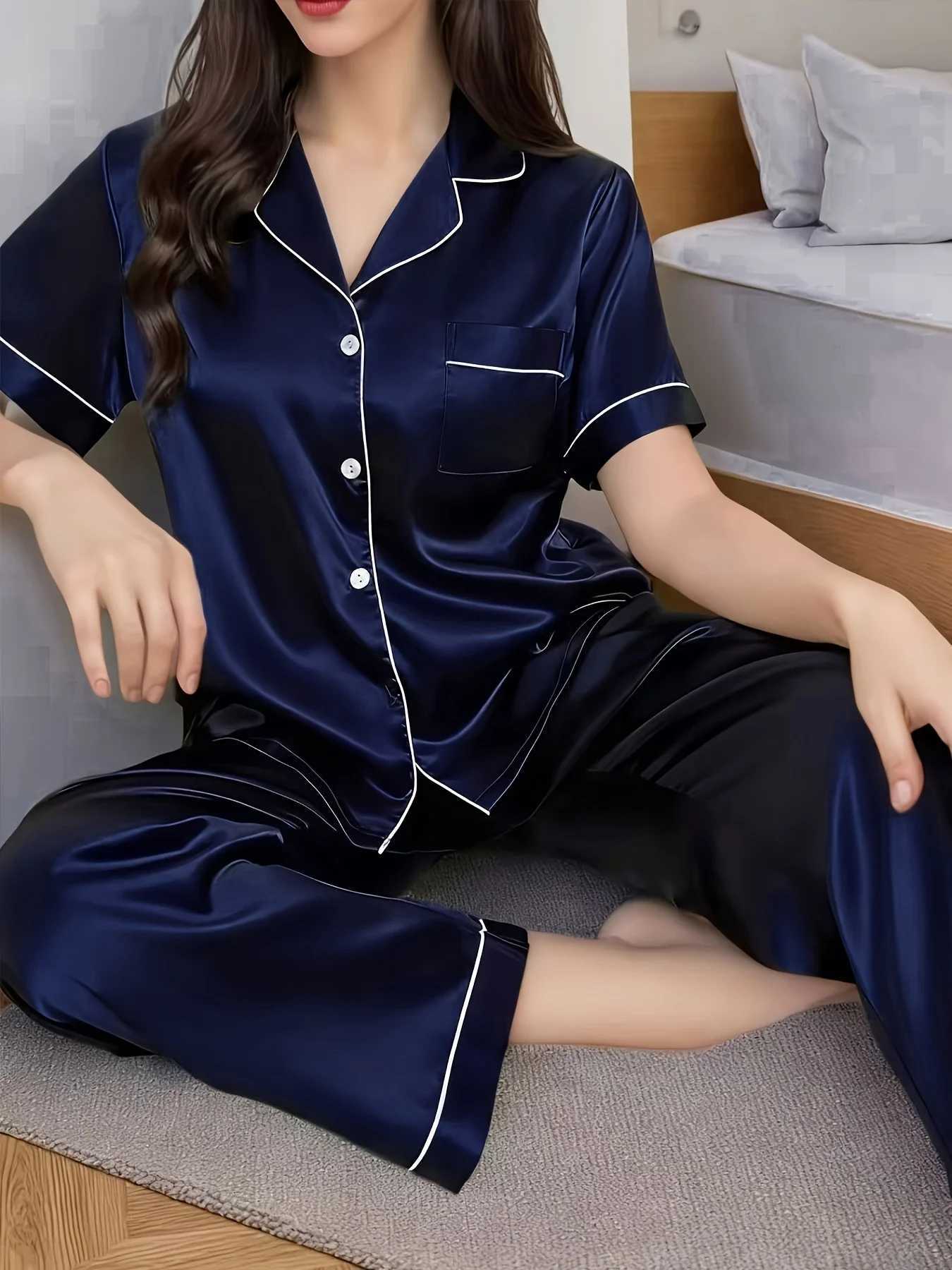 Satin Silk Pajamas Set Short Sleeve Top and Long Pants Women's Comfortable Casual Home Wear Spring Autumn SleepwearT260831 - view 6