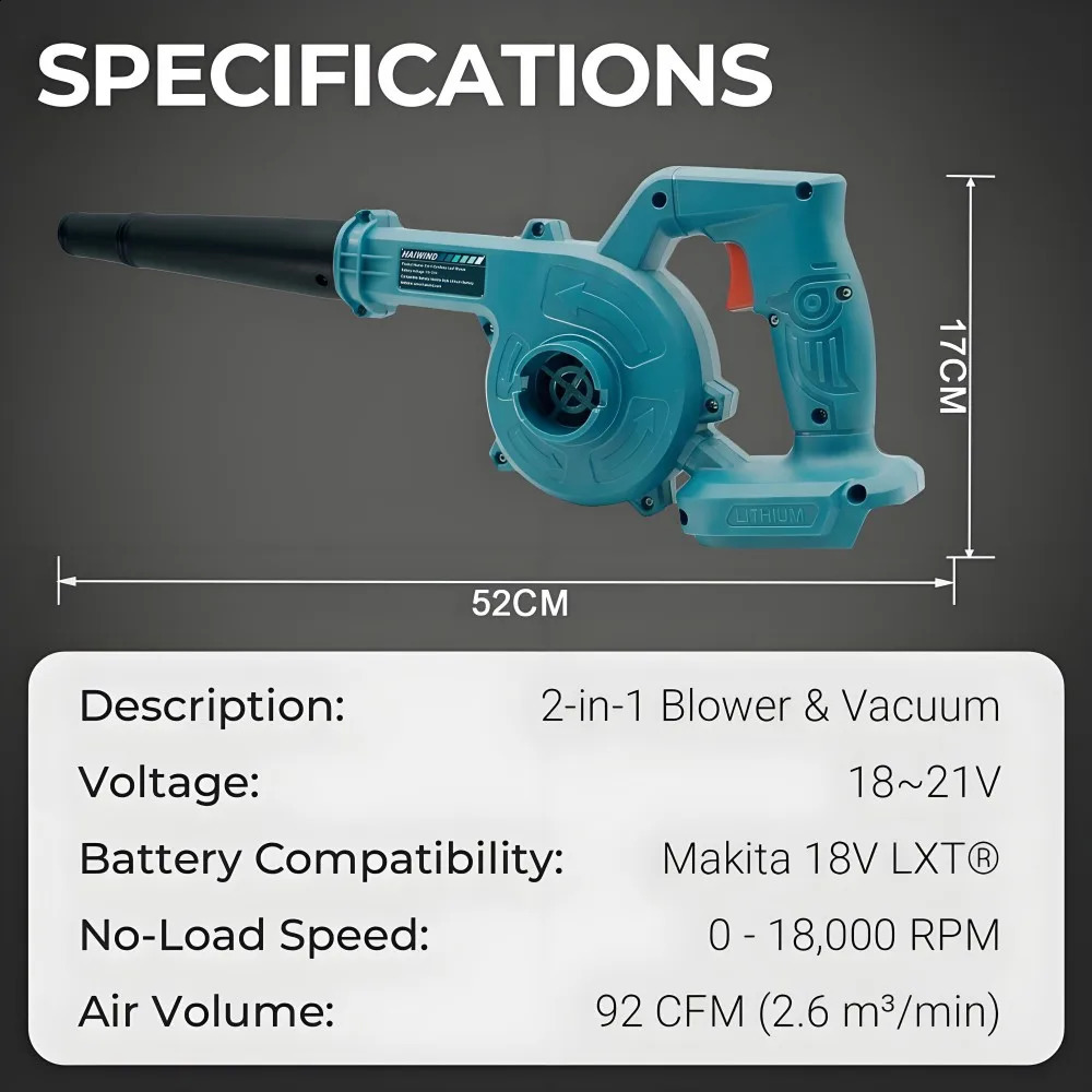 Cordless 2 in 1 Air Blower Vacuum Cleaner Leaf Dust Collector for Car Computer Garden Compatible with Makita 18V21V 260831 - view 7