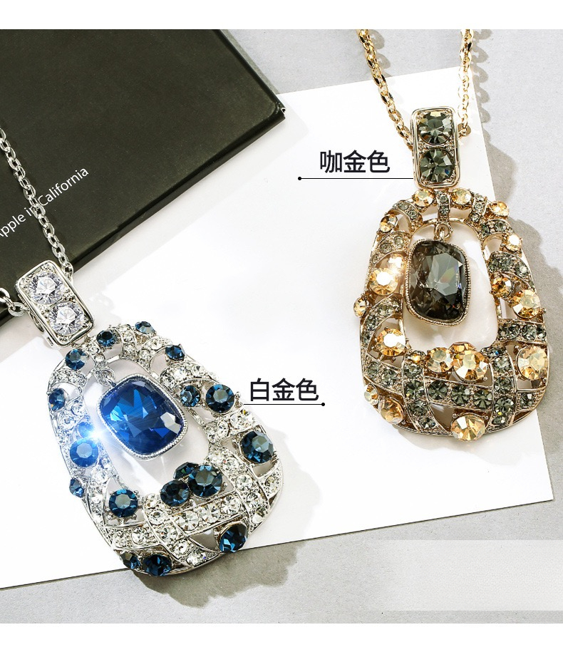 Vintage Hollow Teardrop Moissanite Pendant Necklace Long Sweater Chain Blue Stone Crystal Jewelry For Women Party Gift - view 6