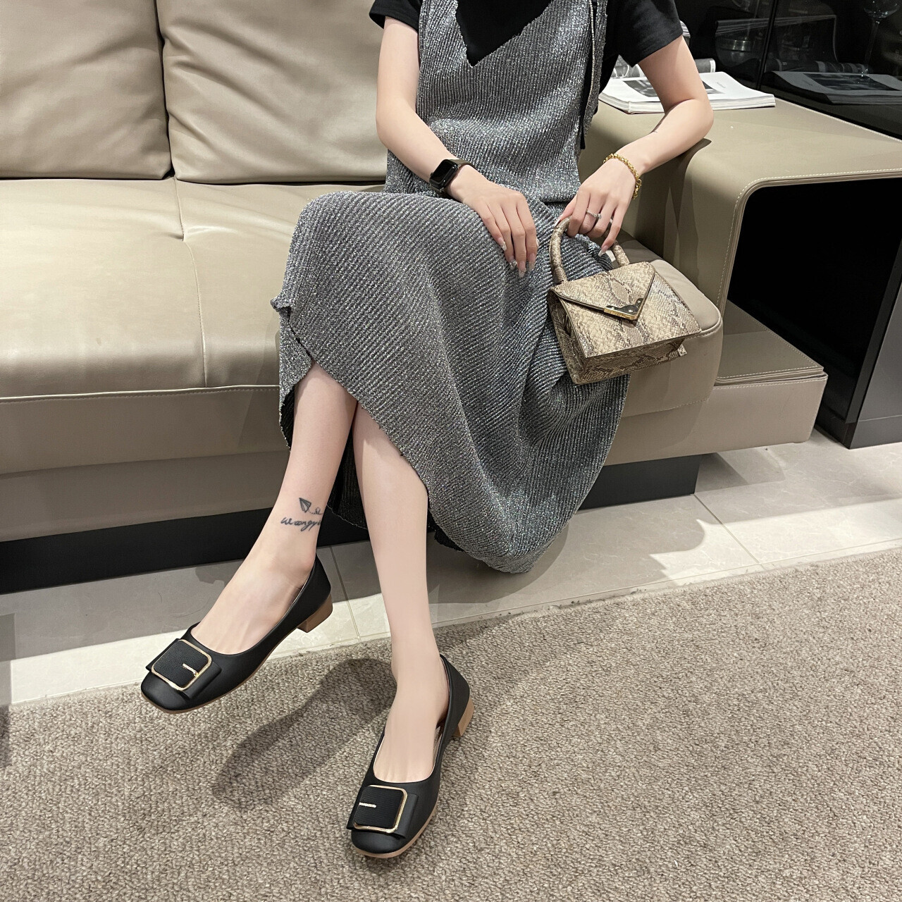 Metal Buckle Fashion for Women, Chunky Heel Low-Cut Slip-On Lazy Work Mid-Heel Mary Jane Women's Single Shoes - view 7