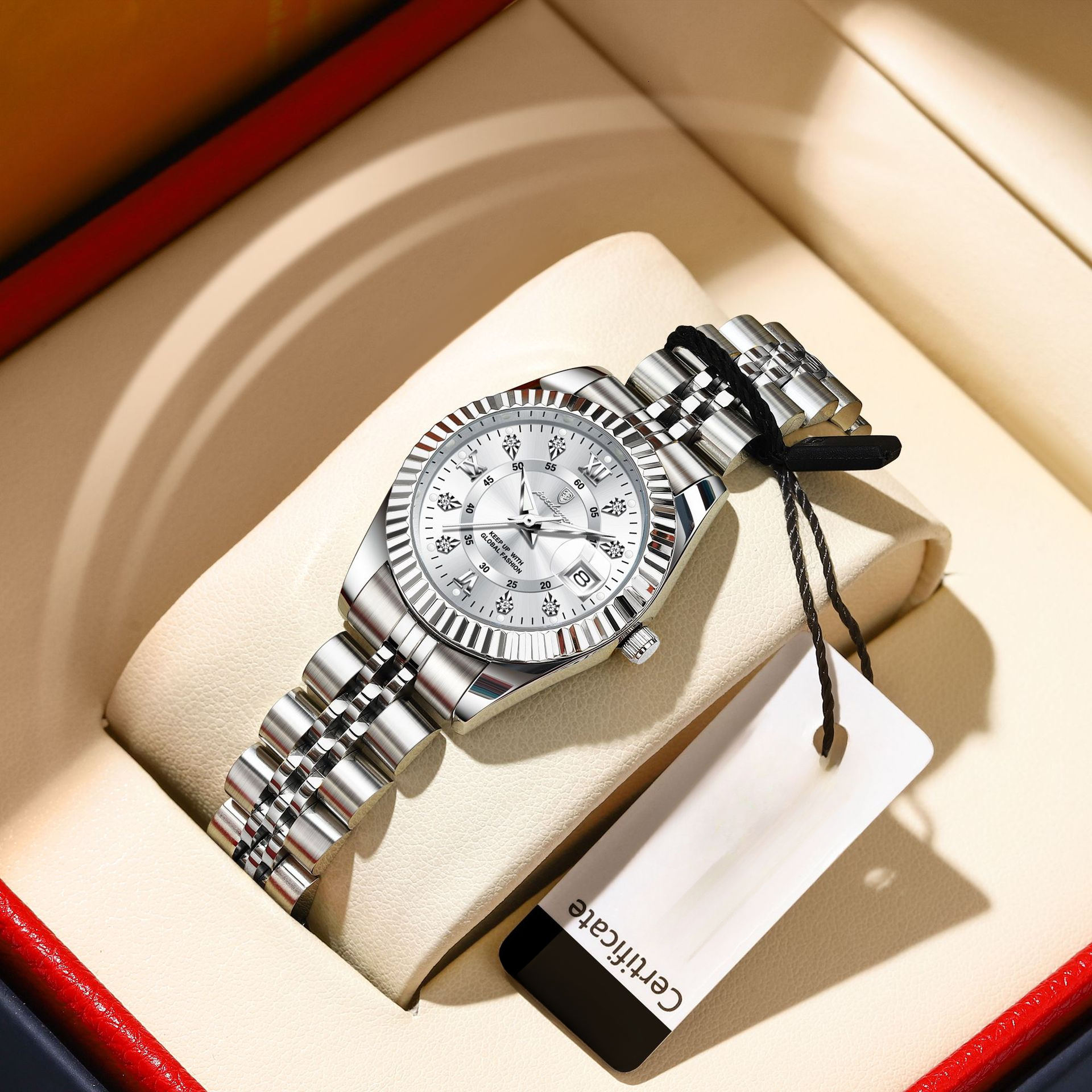 Luxury Rhinestone Decorated Womens Quartz Watch Two Tone Metal Bracelet Date Window Luminous Dial Dress Daily Casual Female Wrist Clock