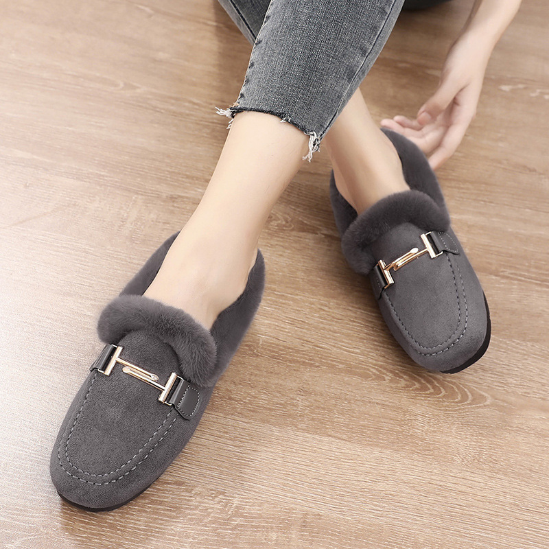 designer Shoes Women Winter Furry Lined Loafers, Metal Buckle Decor Suede Moccasins, Warm Plush Slip-On Flat Shoes, Casual Outdoor Daily Walking Shoes - view 4