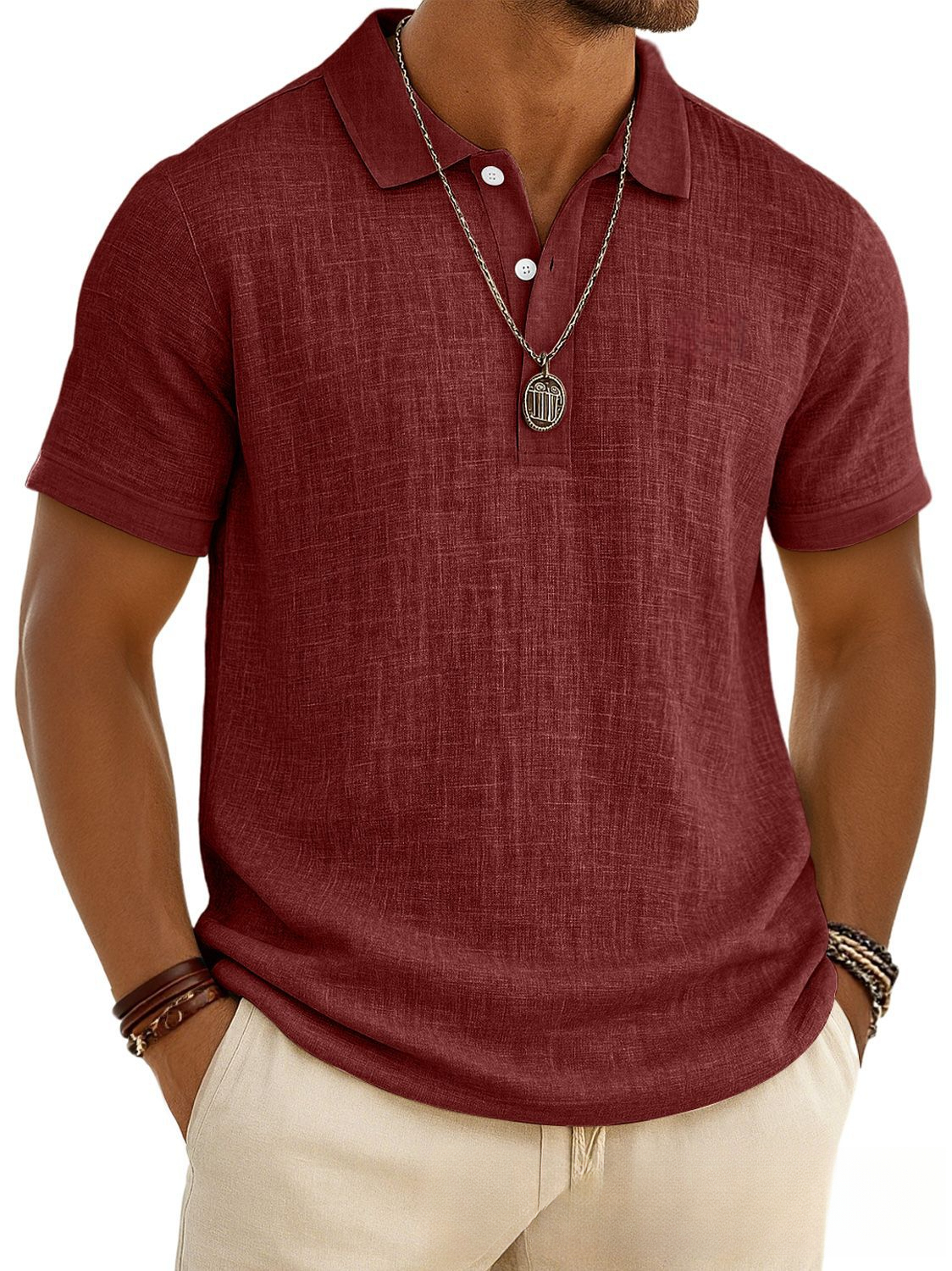 Men's Casual Solid Color Summer Bamboo Cotton-Linen Short-Sleeve POLO Shirt - view 6