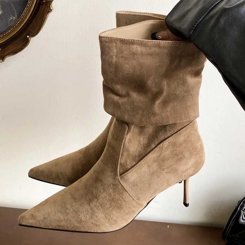 Toe Winter Pointed Designer Pleated Women Ankle Boot Sexy Thin Heels Shoes Fashion Zipper Short Booties Shoes Zapatos De Mujer H260901 - view 3