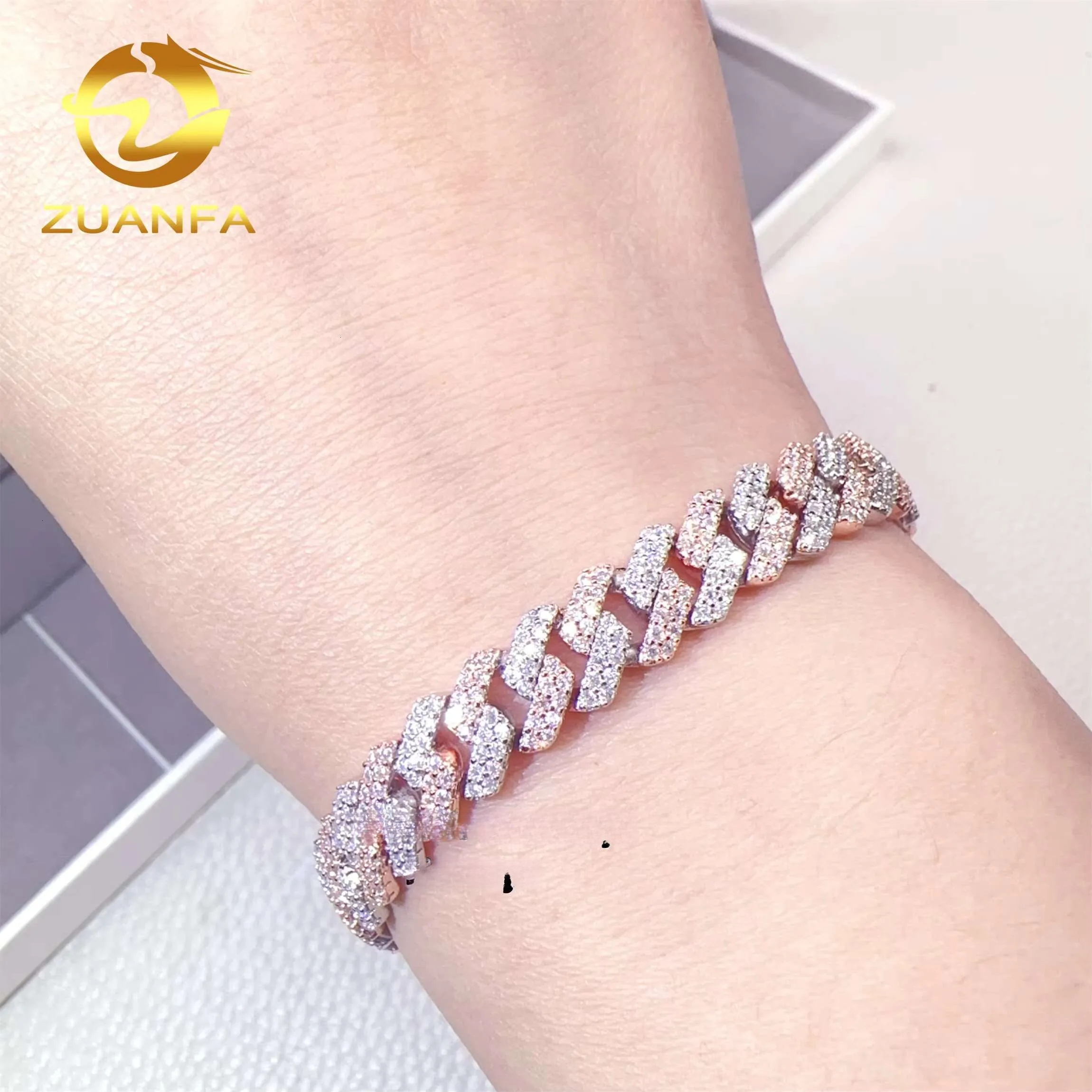 Two Tone Color 14mm 2 Rows 925 Solid Silver Iced Out Hip Hop Jewelry VVS1 Moissanite Diamond Cuban Link Chain Bracelet Men tim - view 8