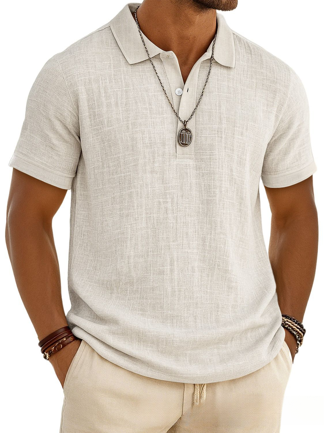 Men's Casual Solid Color Summer Bamboo Cotton-Linen Short-Sleeve POLO Shirt - view 3