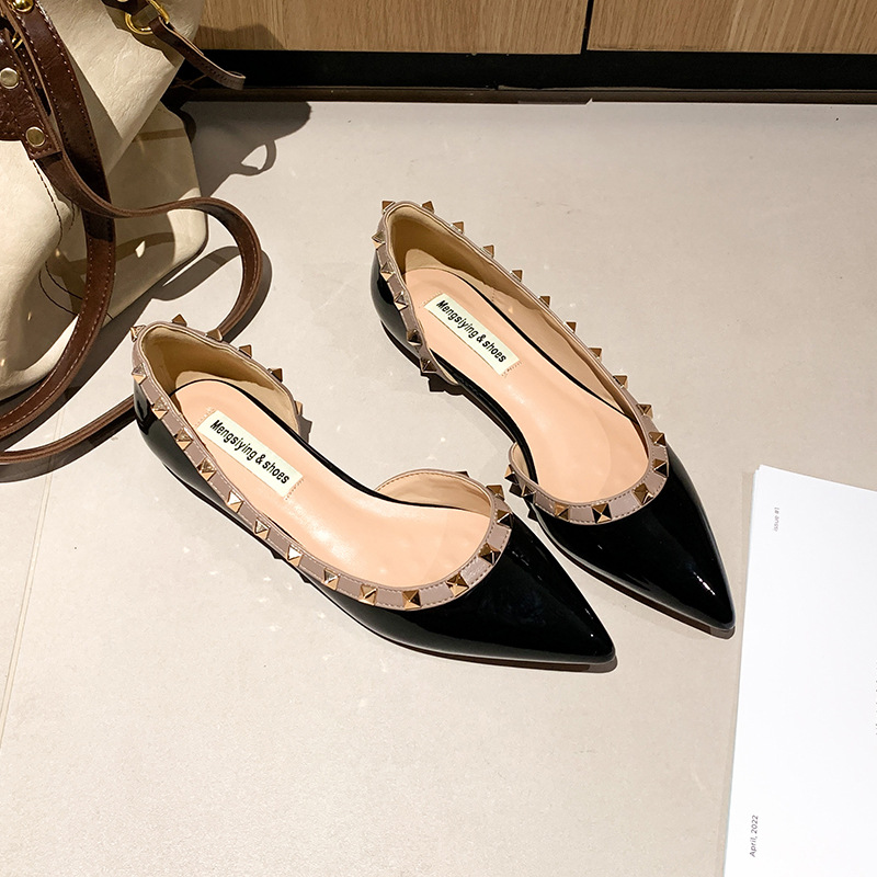 Luxury Dress Shoes designer Shoes 2026 New Women's Nude Patent Leather Pointed Flats with Side Cutout & Rhinestone Detail, Low Cut Breathable Com