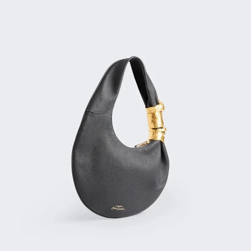 ner y Souffl Bag Women Black Grained Leather Face Hardware Half Moon Handbag Fashion Chic Trend High End Shoulder Bag 260828CJ - view 3