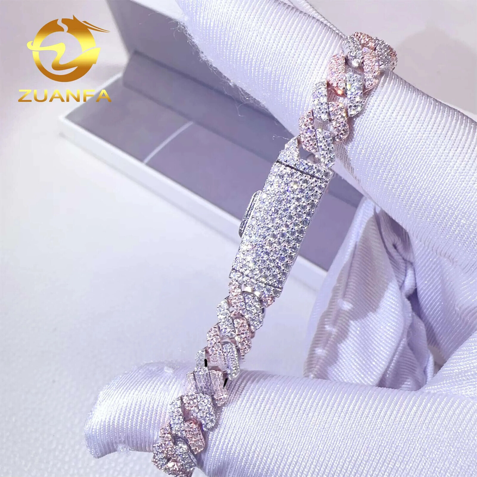 Two Tone Color 14mm 2 Rows 925 Solid Silver Iced Out Hip Hop Jewelry VVS1 Moissanite Diamond Cuban Link Chain Bracelet Men tim - view 9