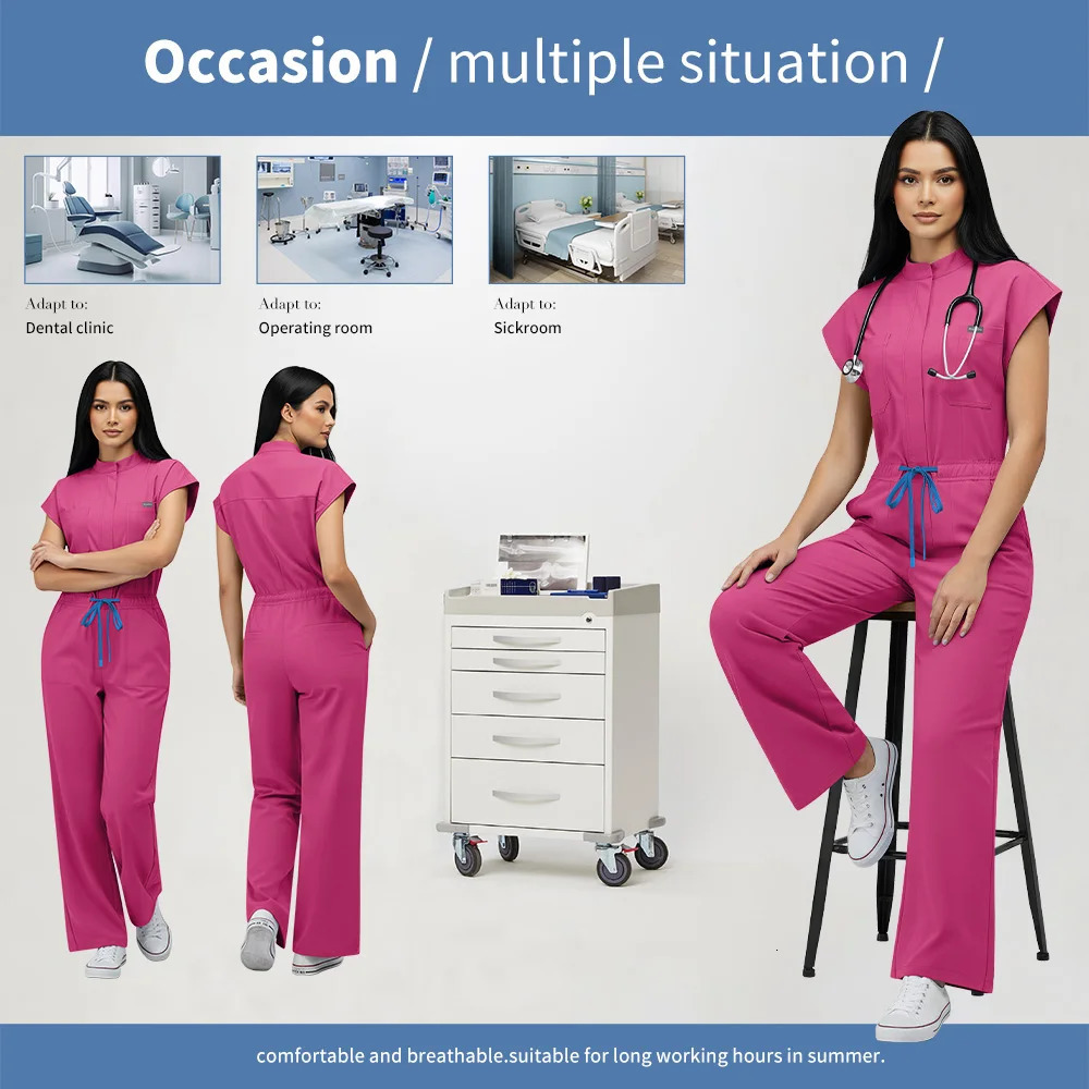 Niaahinn Operating Room Scrub Uniform Full Outfit Veterinary Nurse Uniform with Bat Sleeve One-Piece Pet Grooming Work Clothes 260901 - view 6