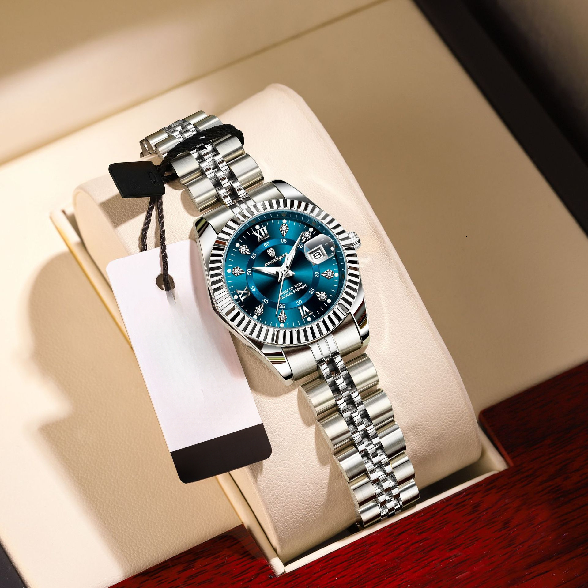 Luxury Rhinestone Decorated Womens Quartz Watch Two Tone Metal Bracelet Date Window Luminous Dial Dress Daily Casual Female Wrist Clock - view 4