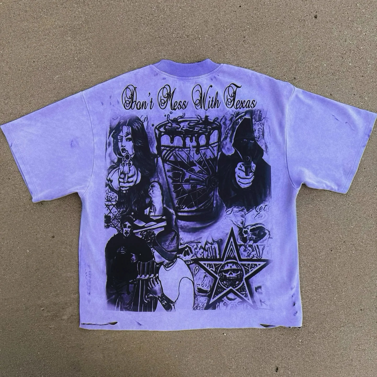 American Retro Heavy Weight Tee Gothic Break Hole Short Sleeve T-shirt Men Women Summer Street Washed Old Oversized Clothes 260901CJ - view 3