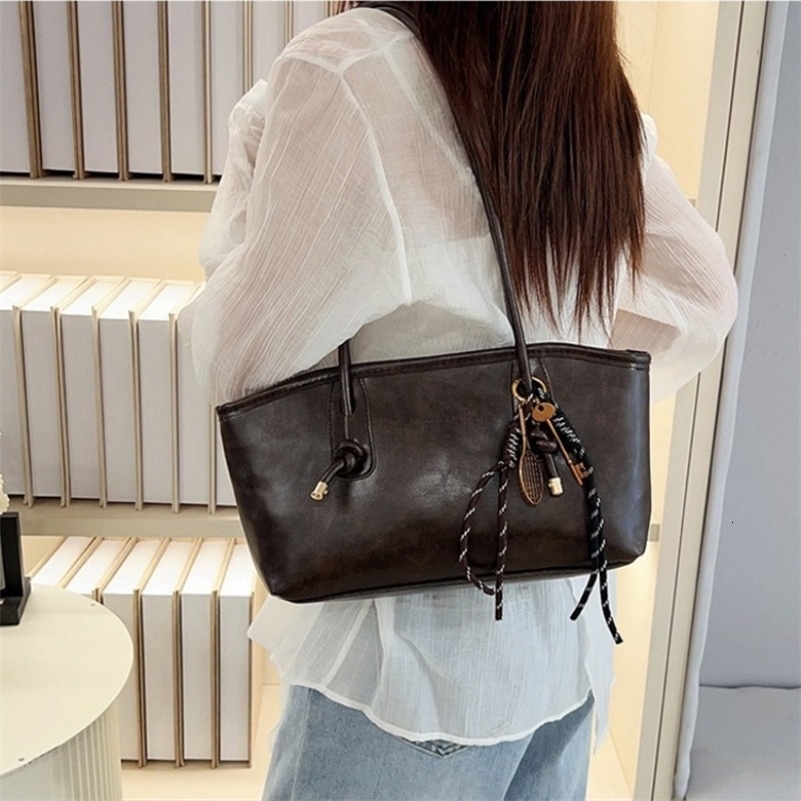 Vintage Faux Leather Long Strap Underarm Bags Solid Women Small Handbag Purse Casual Daily Tote Shoulder Bag with Decor Pendant 260901
