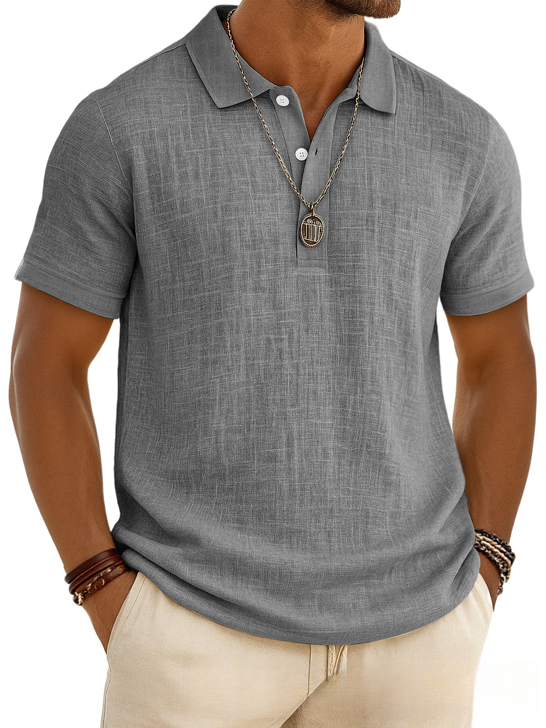 Men's Casual Solid Color Summer Bamboo Cotton-Linen Short-Sleeve POLO Shirt - view 7