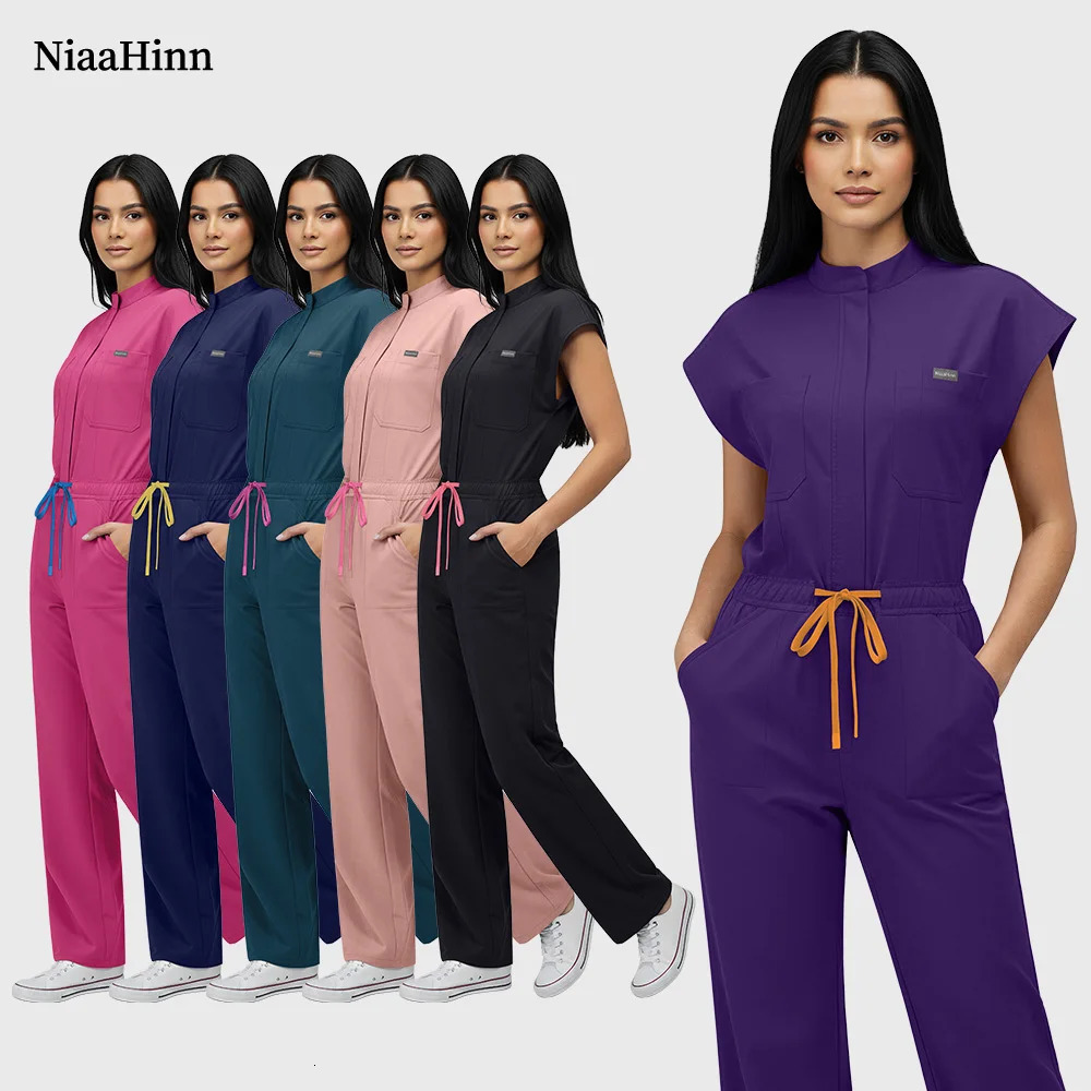 Niaahinn Operating Room Scrub Uniform Full Outfit Veterinary Nurse Uniform with Bat Sleeve One-Piece Pet Grooming Work Clothes 260901