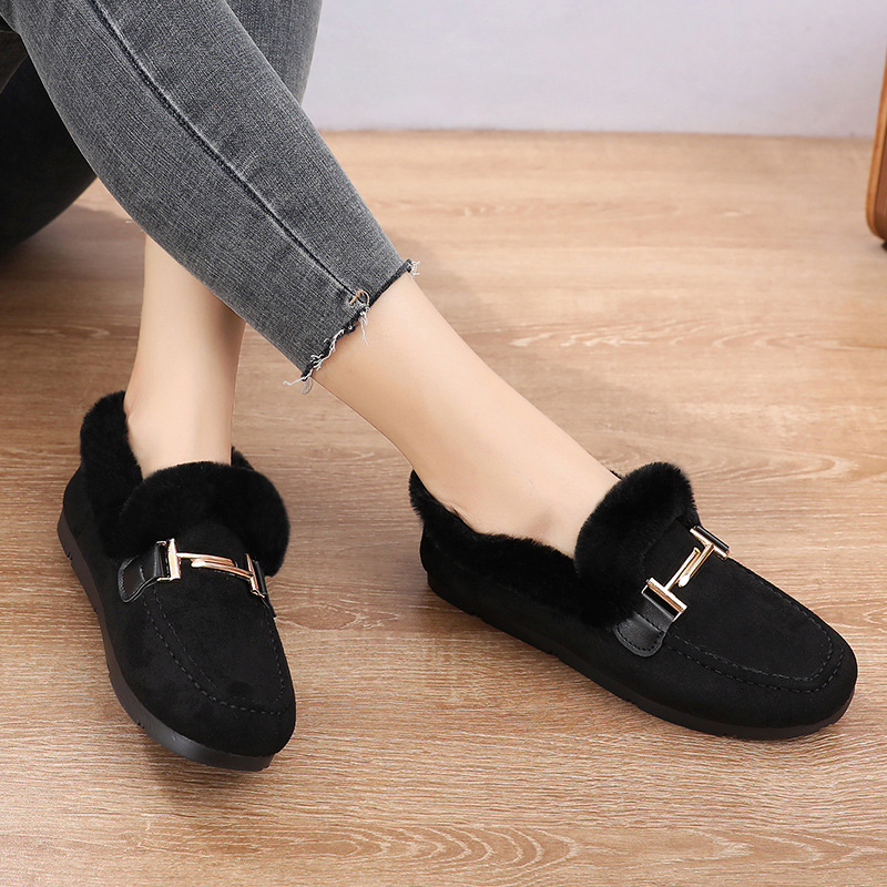 designer Shoes Women Winter Furry Lined Loafers, Metal Buckle Decor Suede Moccasins, Warm Plush Slip-On Flat Shoes, Casual Outdoor Daily Walking Shoes - view 6