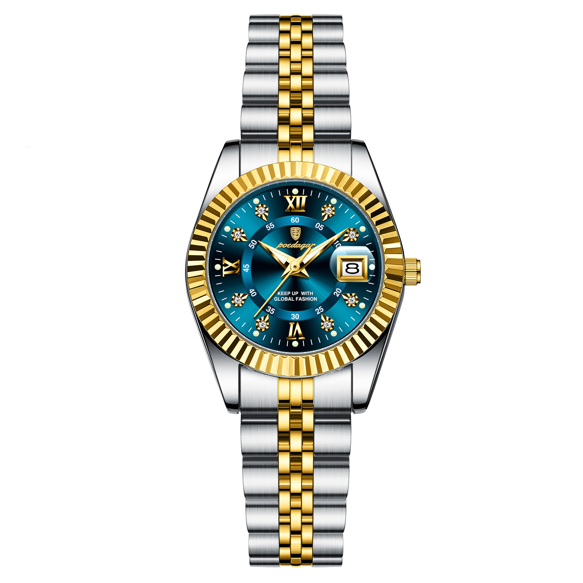 Luxury Rhinestone Decorated Womens Quartz Watch Two Tone Metal Bracelet Date Window Luminous Dial Dress Daily Casual Female Wrist Clock - view 7