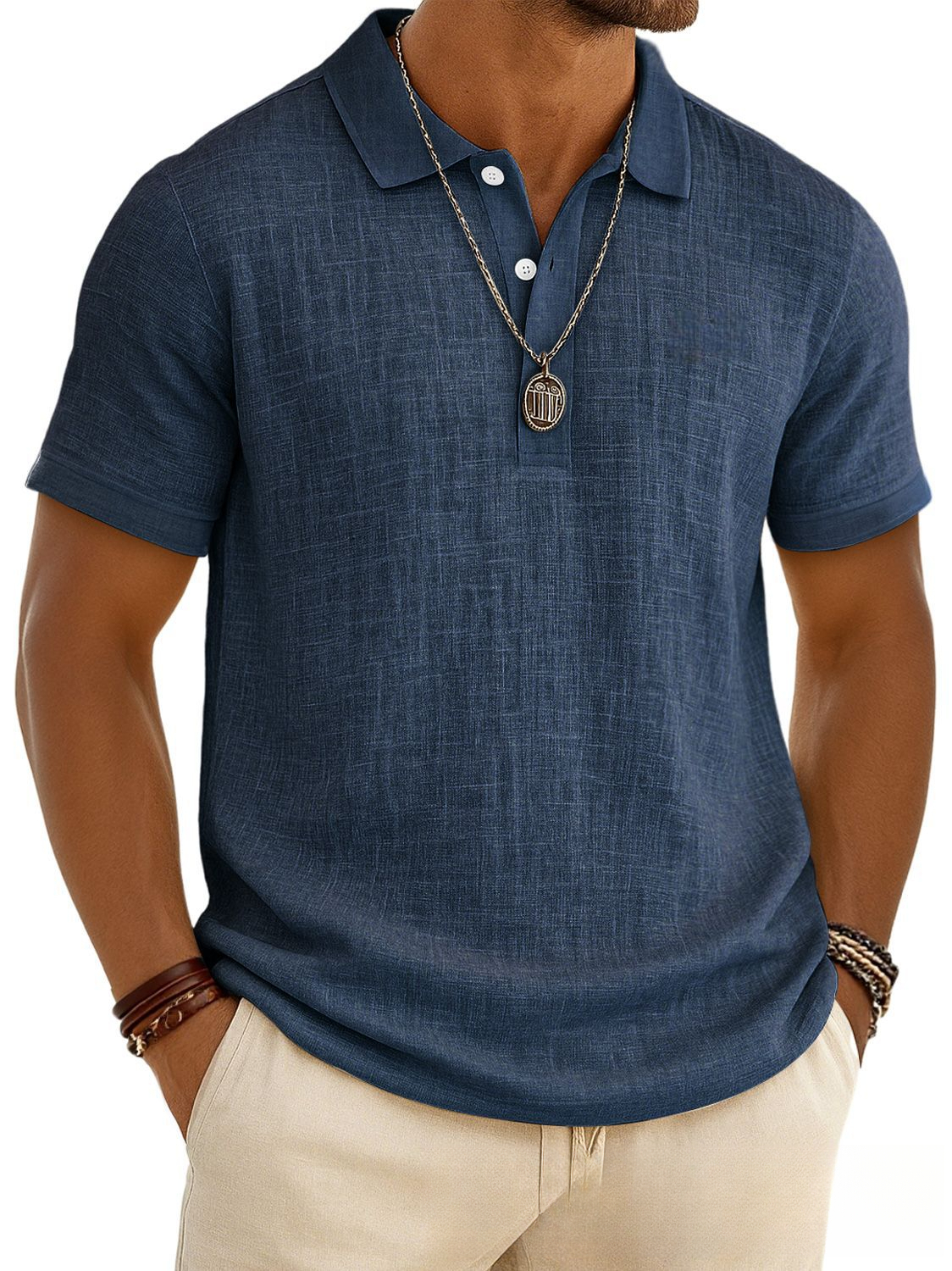 Men's Casual Solid Color Summer Bamboo Cotton-Linen Short-Sleeve POLO Shirt - view 9
