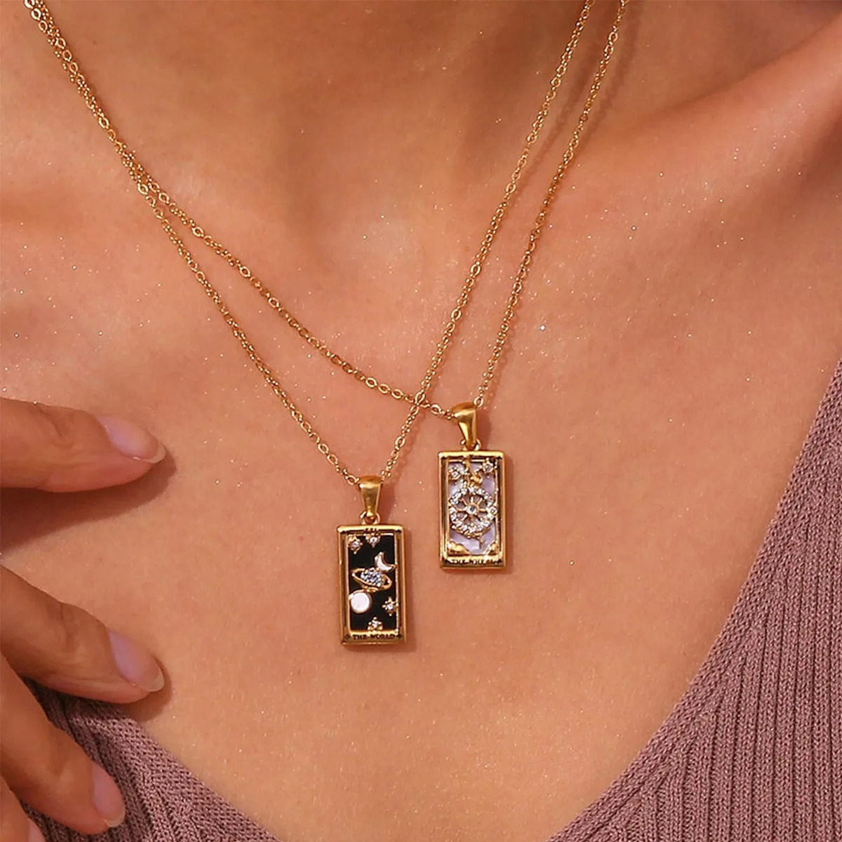 YILUOCD Original Zirconia Tarot Card Necklace Classic Tarot Queen Lover Magician Moon Wealth Amulet Stainless Steel Jewelry 260901 - view 6