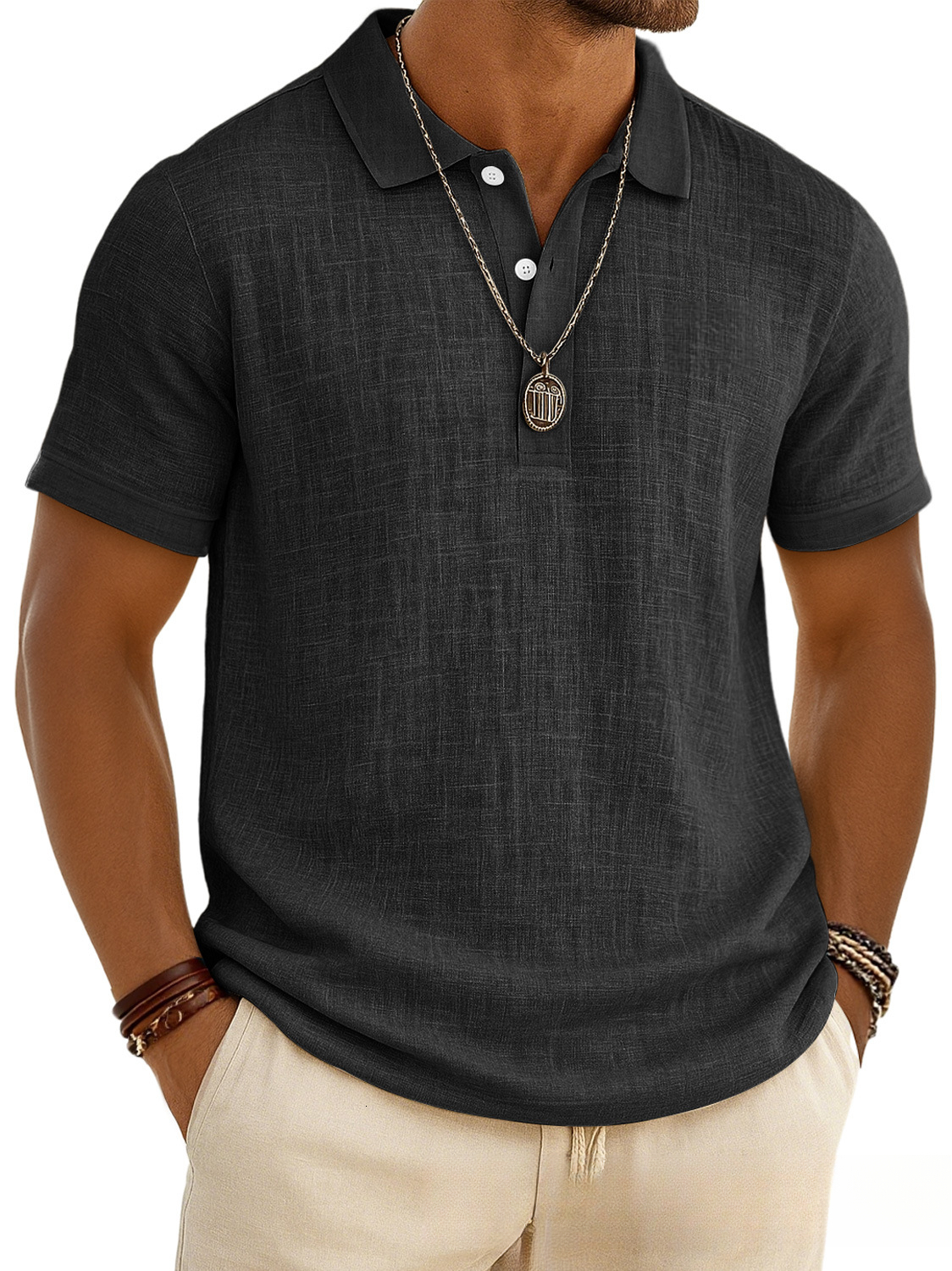Men's Casual Solid Color Summer Bamboo Cotton-Linen Short-Sleeve POLO Shirt - view 4