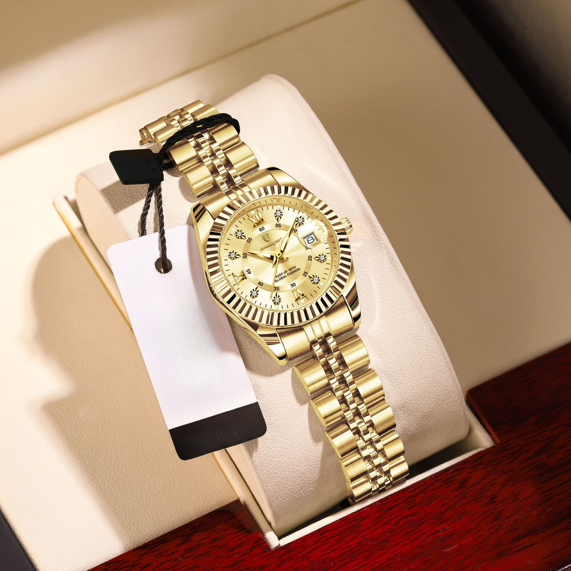 Luxury Rhinestone Decorated Womens Quartz Watch Two Tone Metal Bracelet Date Window Luminous Dial Dress Daily Casual Female Wrist Clock - view 5