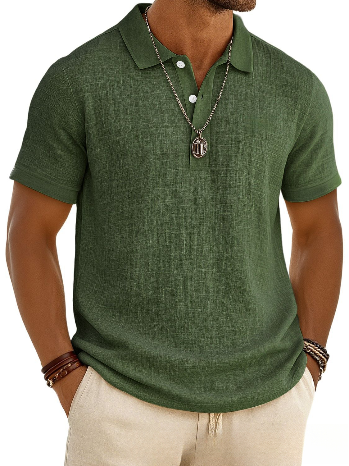 Men's Casual Solid Color Summer Bamboo Cotton-Linen Short-Sleeve POLO Shirt - view 5