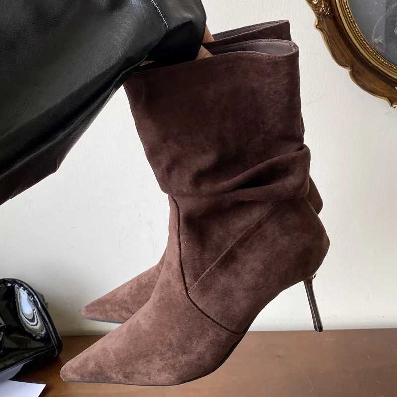 Toe Winter Pointed Designer Pleated Women Ankle Boot Sexy Thin Heels Shoes Fashion Zipper Short Booties Shoes Zapatos De Mujer H260901 - view 5