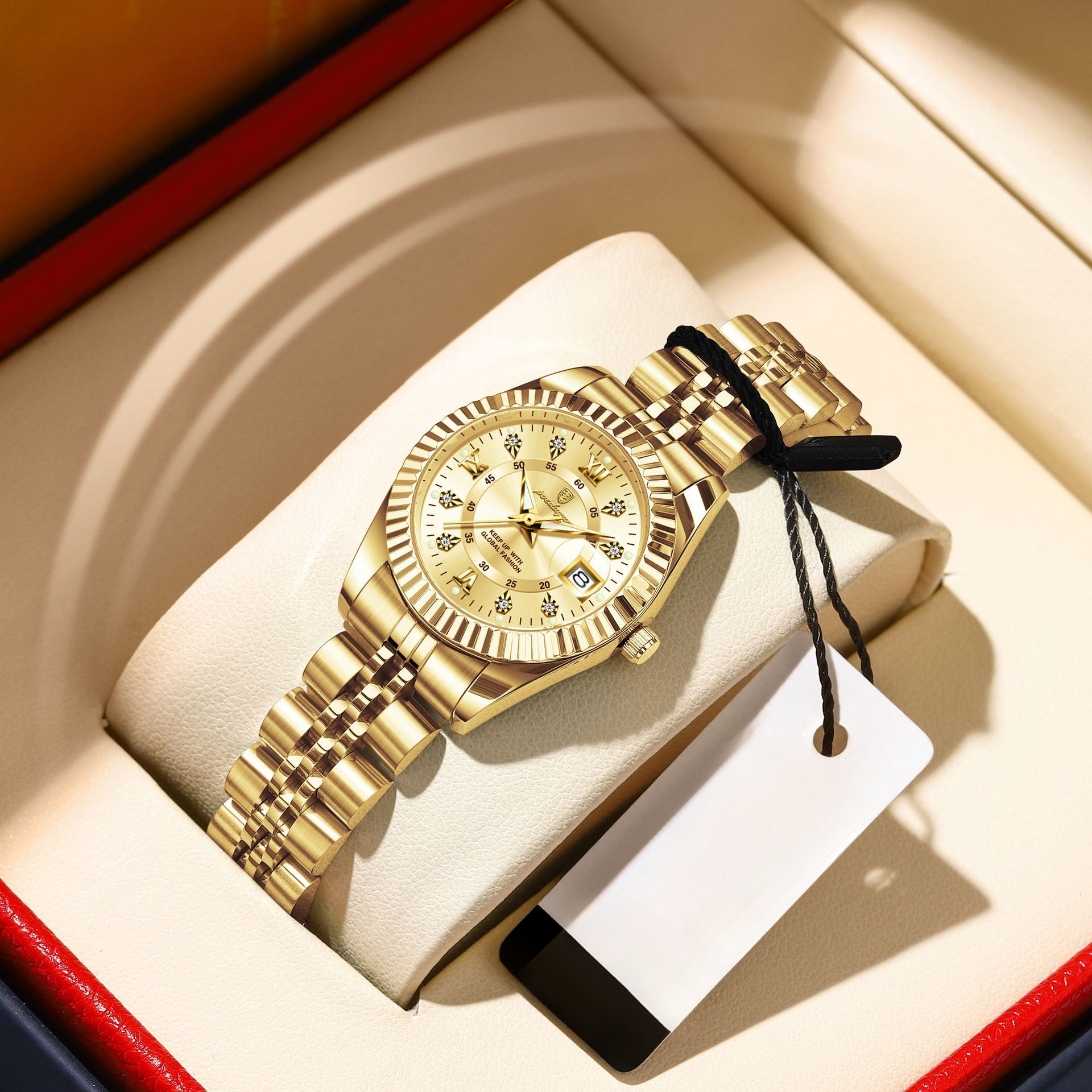 Luxury Rhinestone Decorated Womens Quartz Watch Two Tone Metal Bracelet Date Window Luminous Dial Dress Daily Casual Female Wrist Clock - view 6
