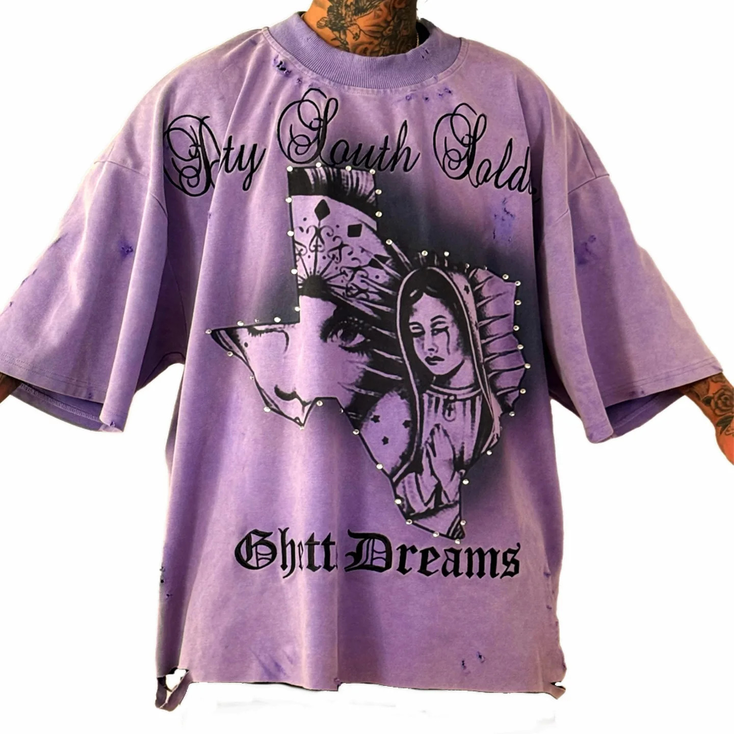American Retro Heavy Weight Tee Gothic Break Hole Short Sleeve T-shirt Men Women Summer Street Washed Old Oversized Clothes 260901CJ - view 4