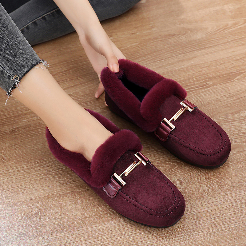 designer Shoes Women Winter Furry Lined Loafers, Metal Buckle Decor Suede Moccasins, Warm Plush Slip-On Flat Shoes, Casual Outdoor Daily Walking Shoes - view 5