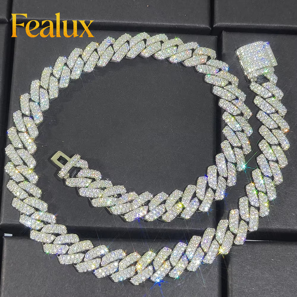 Fealux 14mm Iced Out Prong Cuban Link Chain Silver Plated Brass Hip Hop Diamond Cuban Chains Necklace for Women's Fine Jewelry