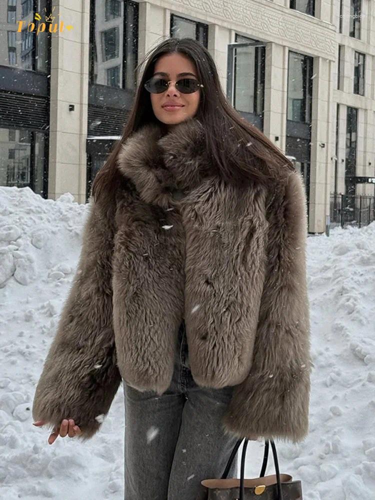 Women' s Fur Brown Faux Thicken Coat Women Lapel Long Sl