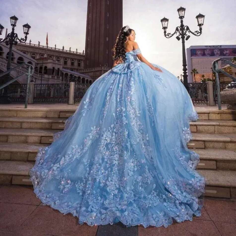 Blue Shiny Quinceanera Sky Dress Off the Shoulder Ball Gown Appliques Lace Beading Tull Mexico Sweet 16 Vestido 15 De XV Anos BC19203
