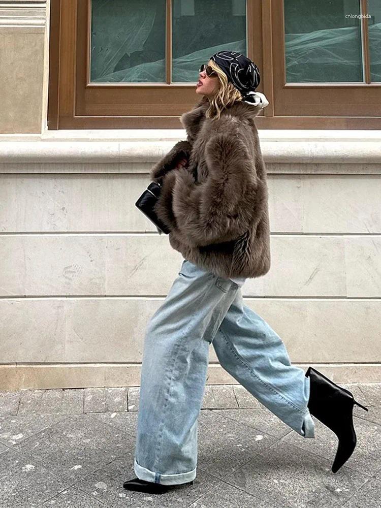 Women' s Fur Brown Faux Thicken Coat Women Lapel Long Sl - view 5
