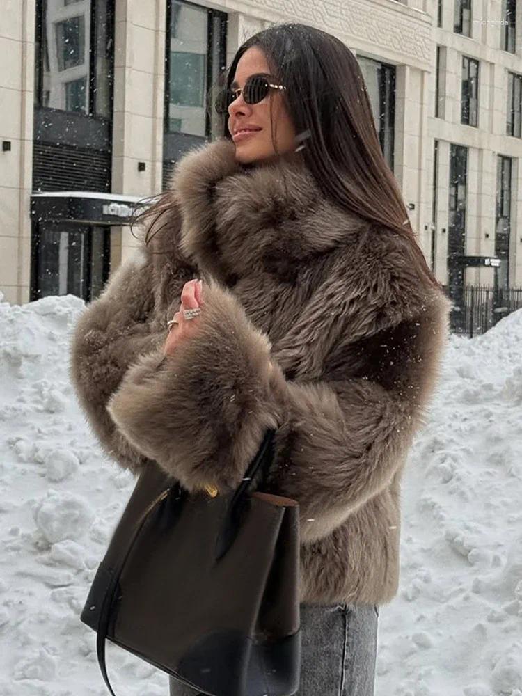 Women' s Fur Brown Faux Thicken Coat Women Lapel Long Sl - view 3