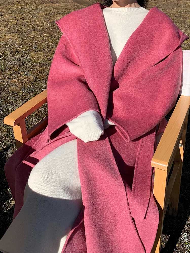 Vintage Elegant Double-Sided Cashmere Coat Women Autumn Winter 2023 New High Quality Hooded Thickened Large Size Loose Wool CoatT260902 - view 6