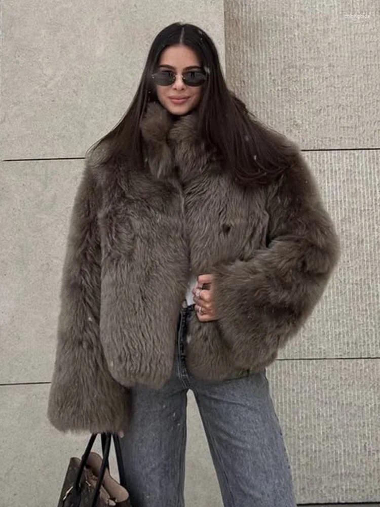 Women' s Fur Brown Faux Thicken Coat Women Lapel Long Sl - view 7