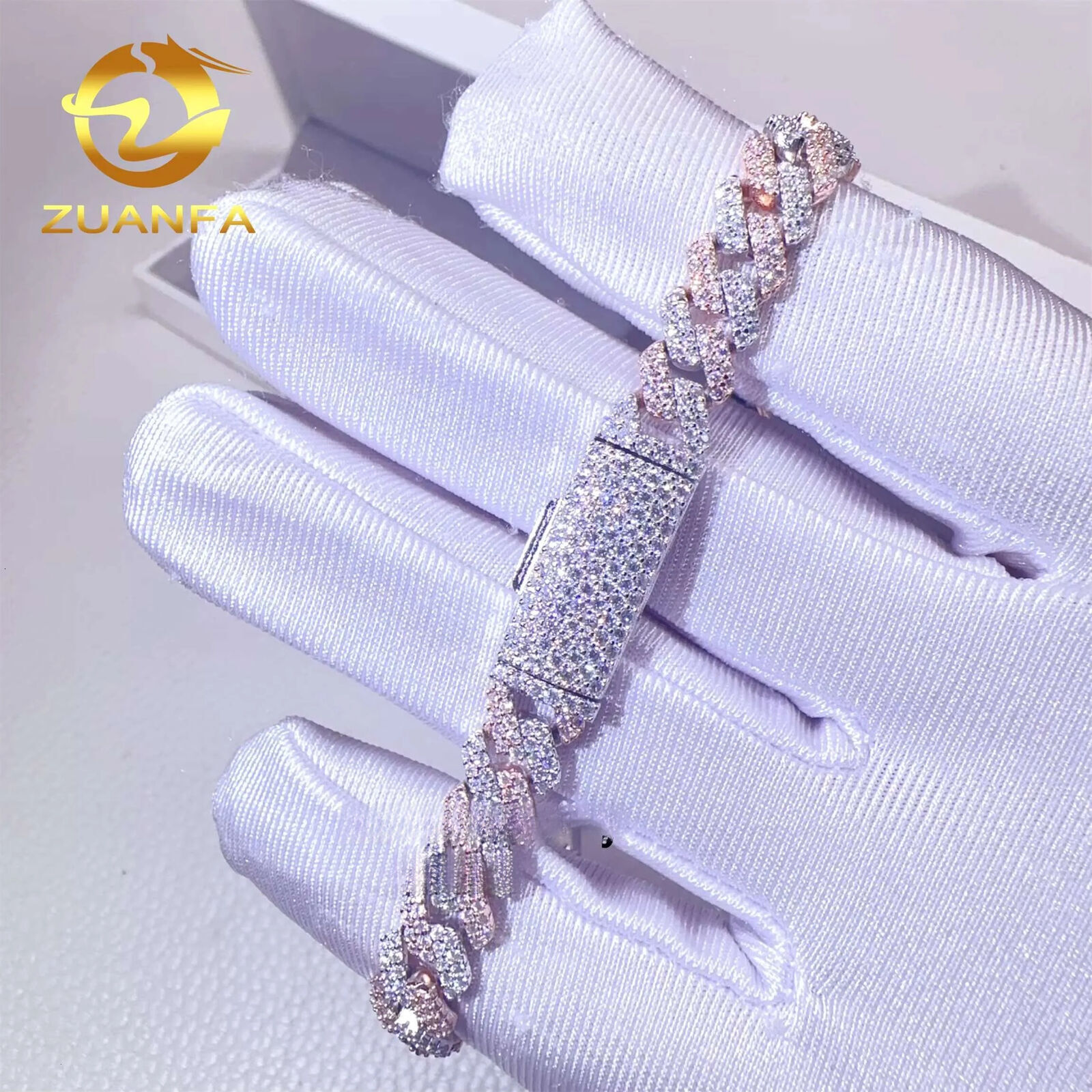 Two Tone Color 14mm 2 Rows 925 Solid Silver Iced Out Hip Hop Jewelry VVS1 Moissanite Diamond Cuban Link Chain Bracelet Men tim