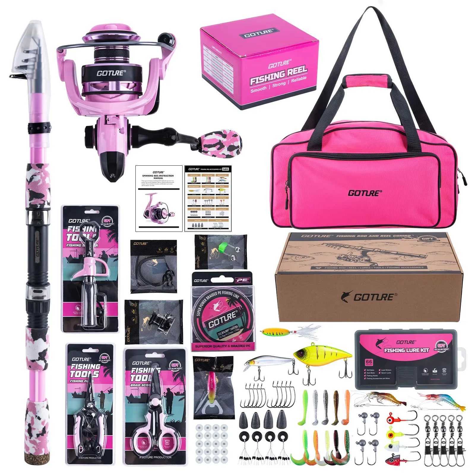 Goture Pink Fishing Rod and Reel Combo All-in-One Fishing Kit Telescopic Rod Spinning Reel 66PCS Lures Tackle Bag Fishing Gear Q260902 - view 3