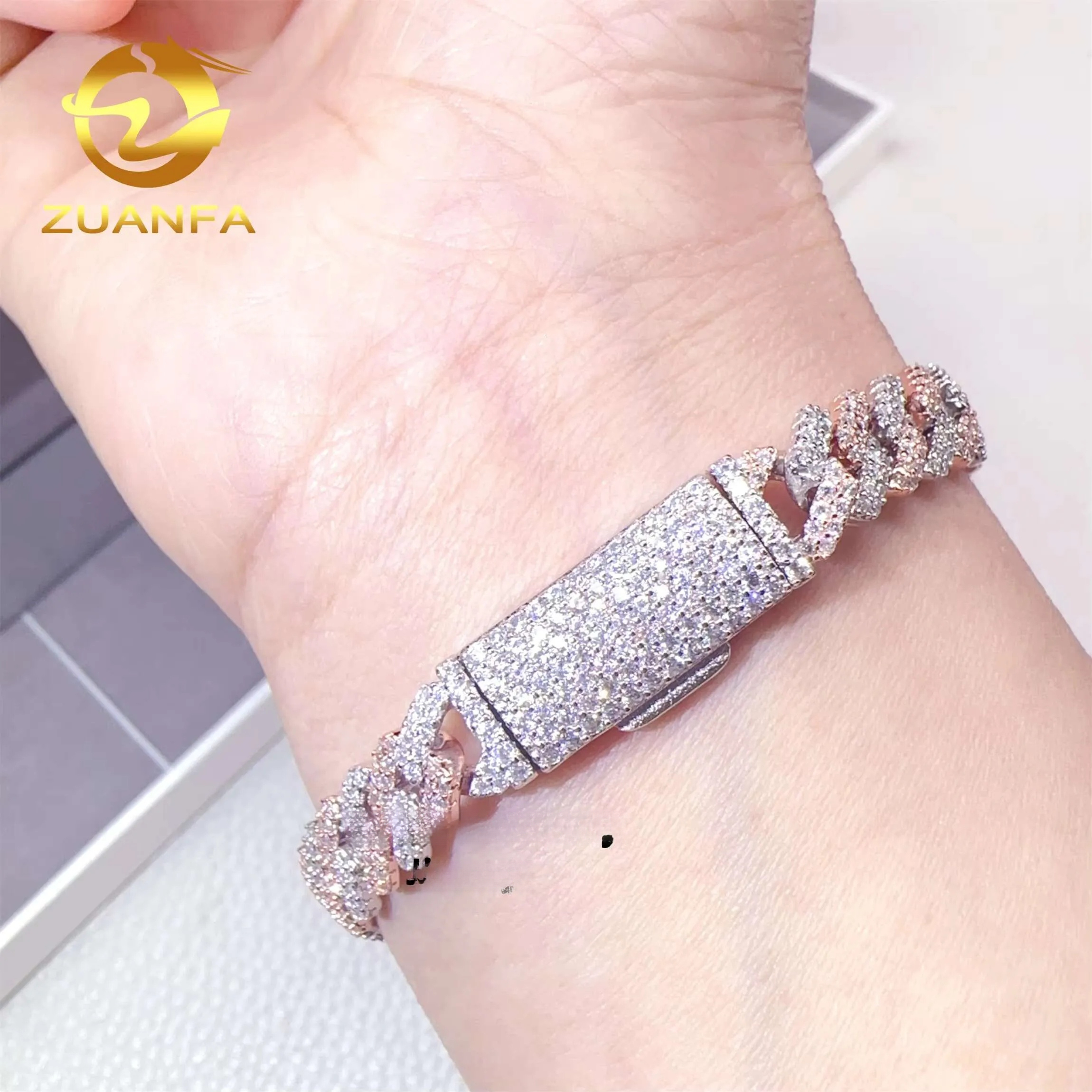 Two Tone Color 14mm 2 Rows 925 Solid Silver Iced Out Hip Hop Jewelry VVS1 Moissanite Diamond Cuban Link Chain Bracelet Men tim - view 5