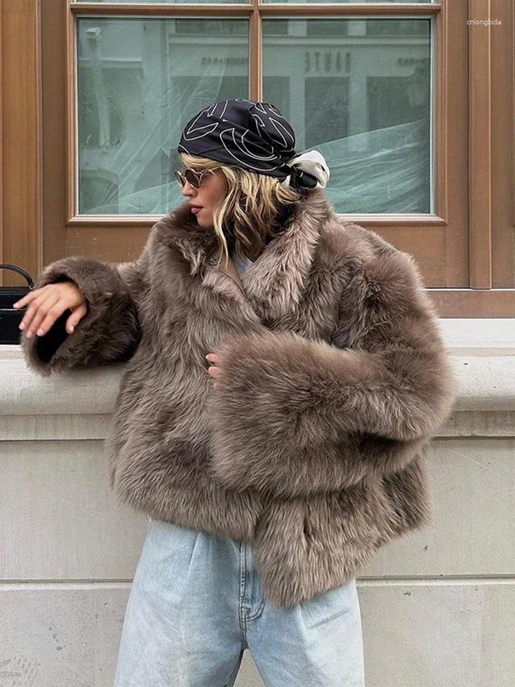 Women' s Fur Brown Faux Thicken Coat Women Lapel Long Sl - view 4