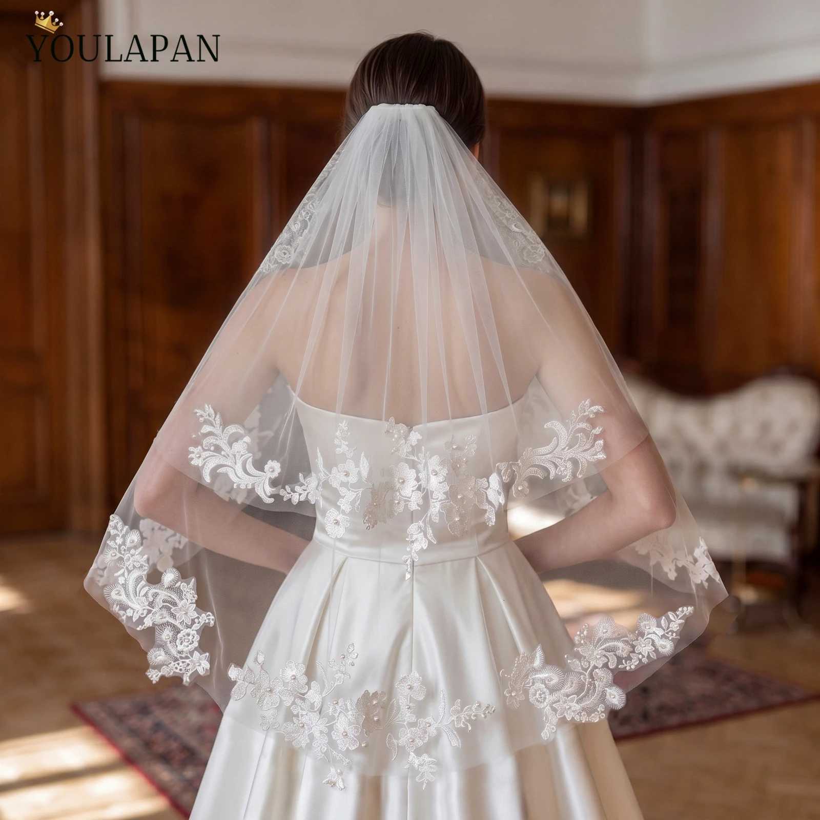 Lace TOPQUEEN Wedding Veil Edge Bridal Veils Two Layer Elegant Rochii Romantic Lace Elbow Length Complementos De Boda V391 J260903 - view 4