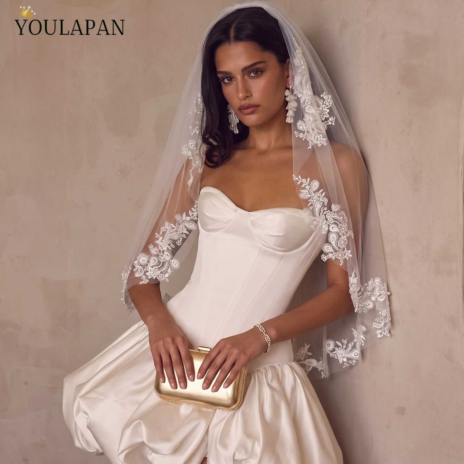 Lace TOPQUEEN Wedding Veil Edge Bridal Veils Two Layer Elegant Rochii Romantic Lace Elbow Length Complementos De Boda V391 J260903 - view 3