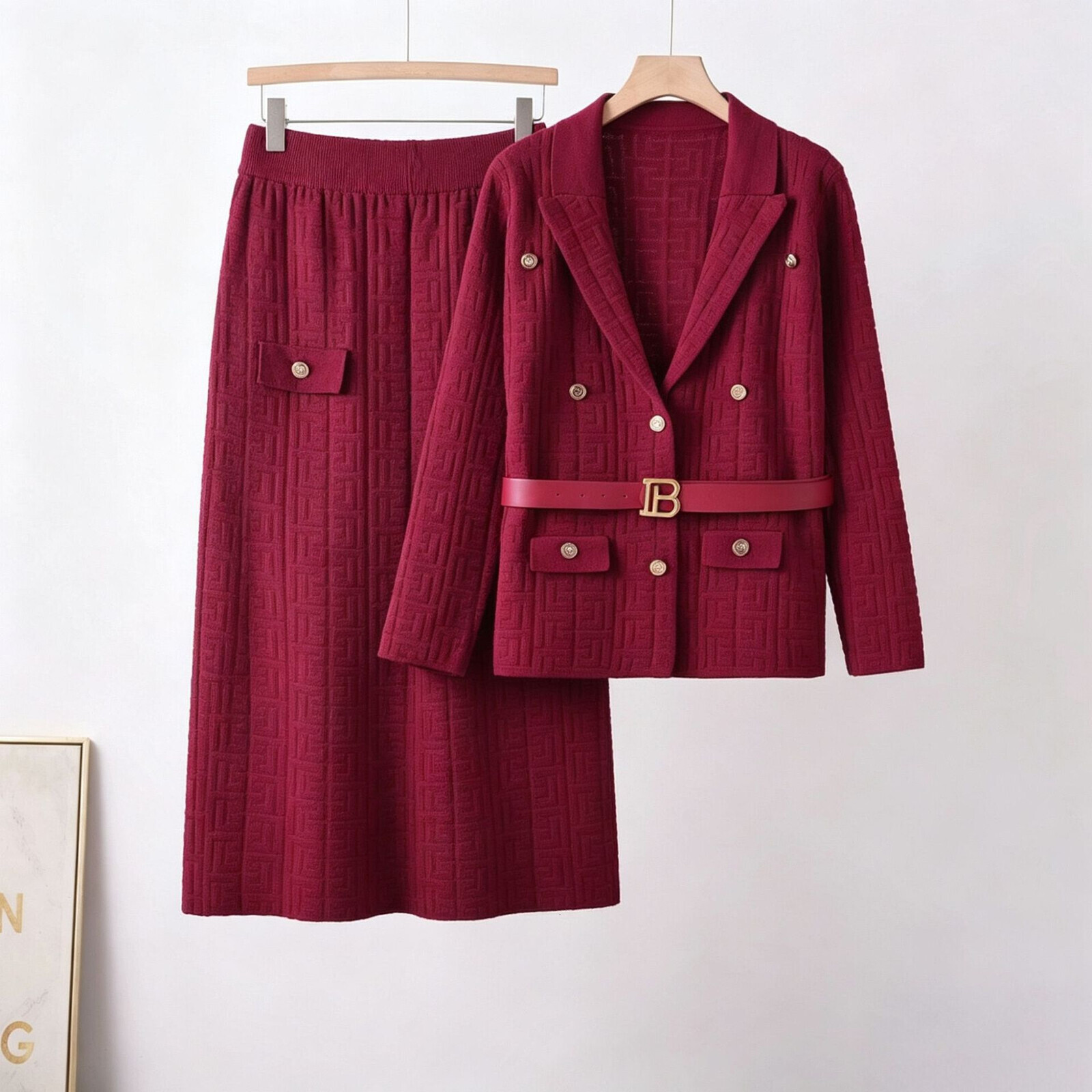 Women's knitted pullover suit casual set, autumn and winter jacquard wide leg pants two-piece set, fashionable B-line buckle tie knitted long sle - view 7